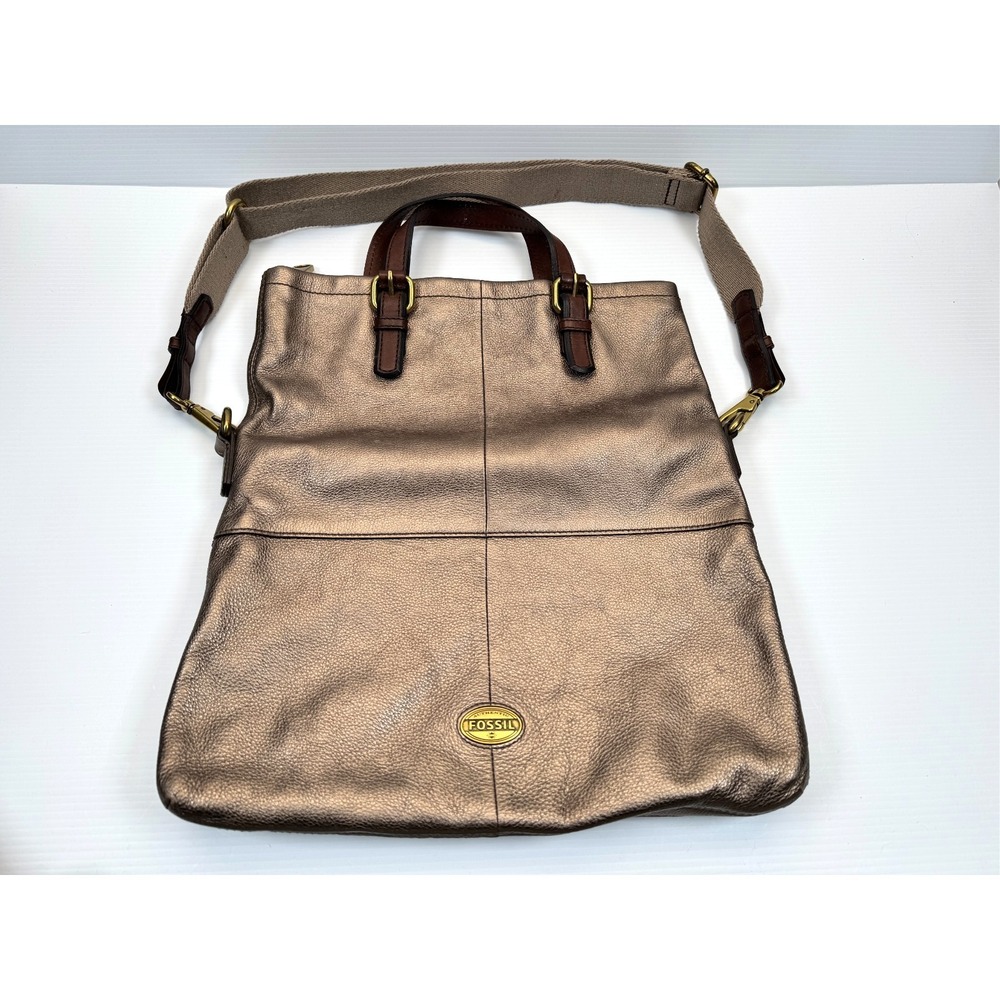 Fossil Explorer Leather Tote Pewter Foldover Messenger Bag‎ Crossbody Purse